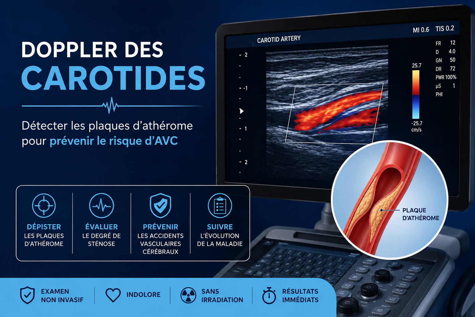 Doppler des carotides : détecter les plaques d'athérome pour prévenir le risque d'AVC — examen non invasif, indolore et sans irradiation réalisé par le Dr Ragbaoui Yassine, cardiologue à Bouskoura – Ville Verte